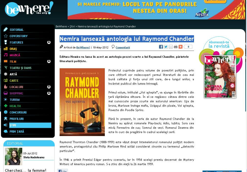 Nemira lansează antologia lui Raymond Chandler - Revista Be Where